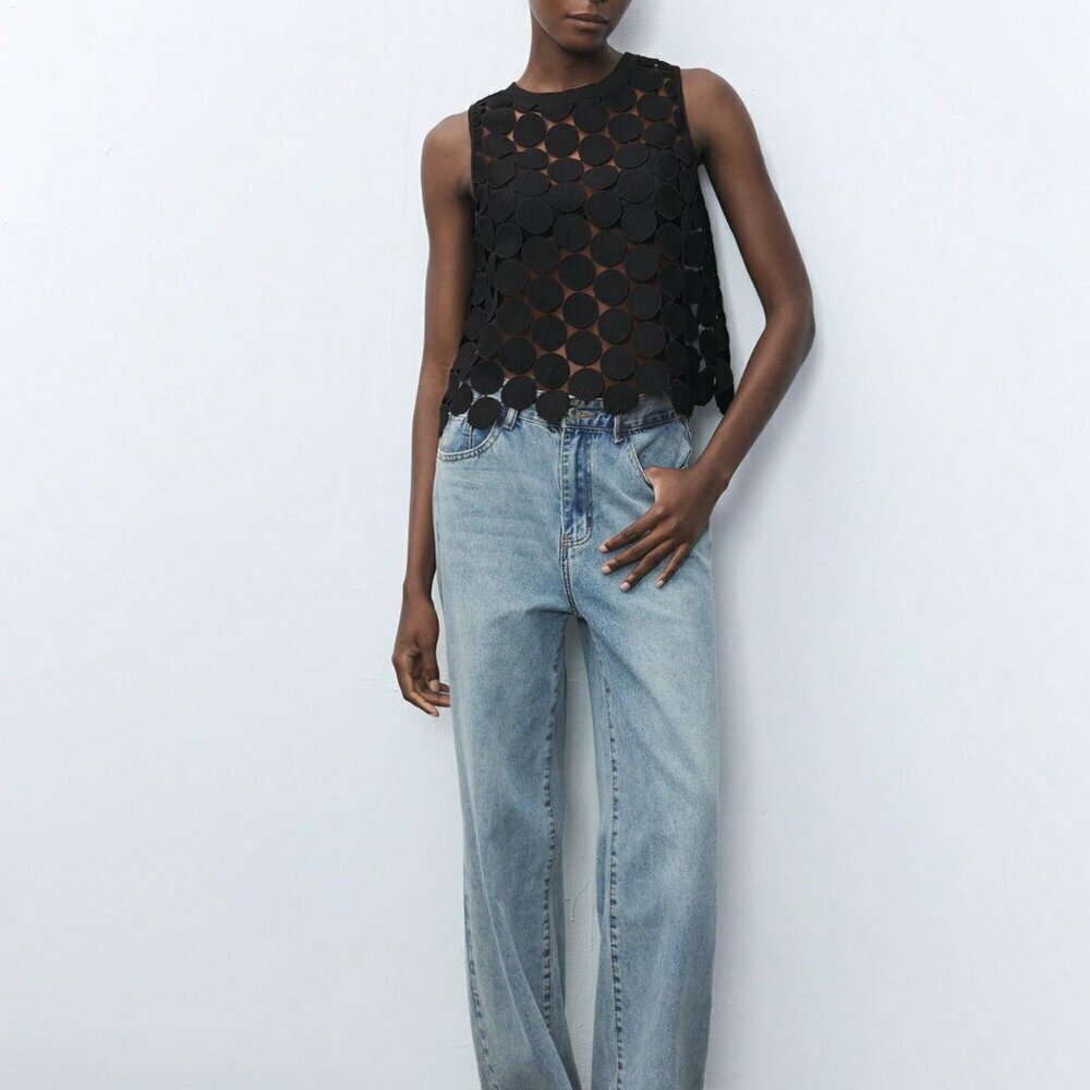 Black Casual Womens Round Polka Dot Breathable Tank Top - Picture 5 of 5